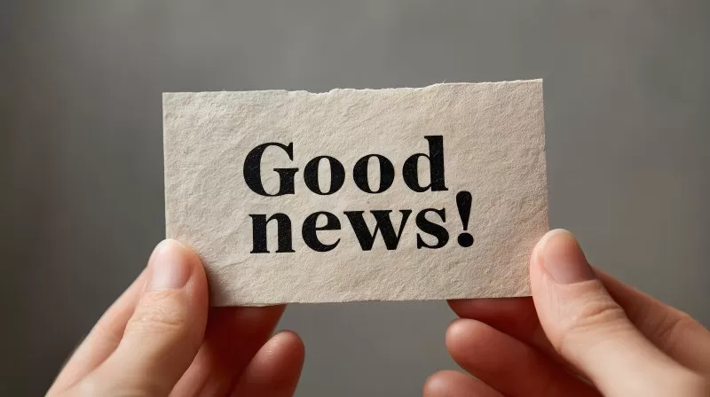 Karte mit Good News Text vor grauem Hintergrund