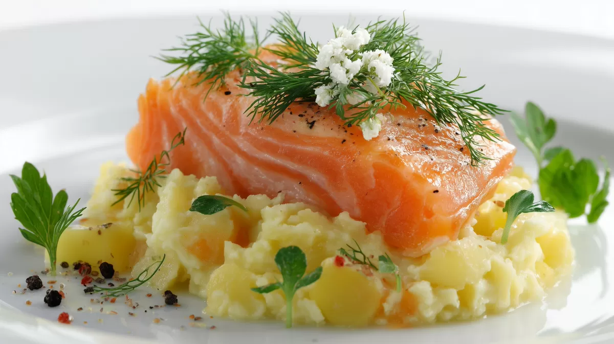 Kartoffel Apfel Stampf mit Räucherforelle und Dill