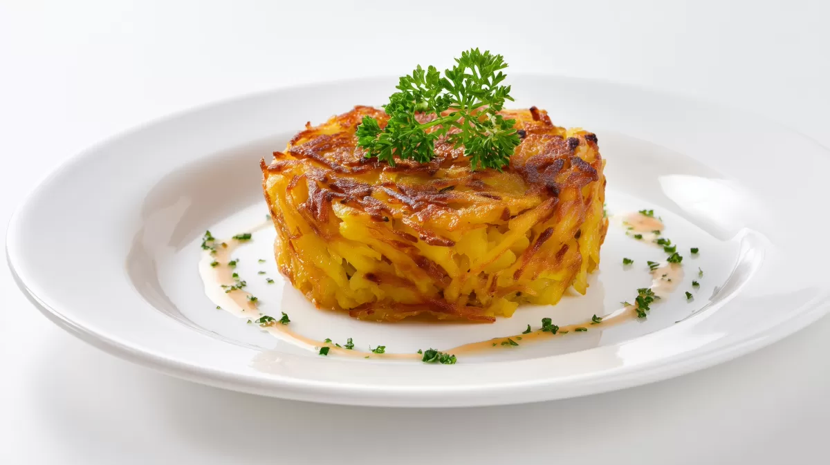 Kartoffel Rösti überbacken auf weißem Teller