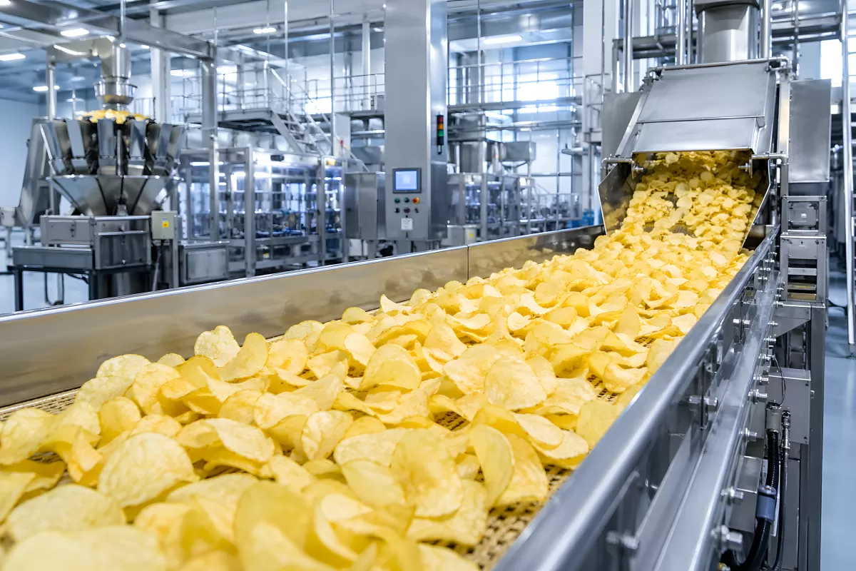 Kartoffelchips auf Förderband in moderner Fabrik