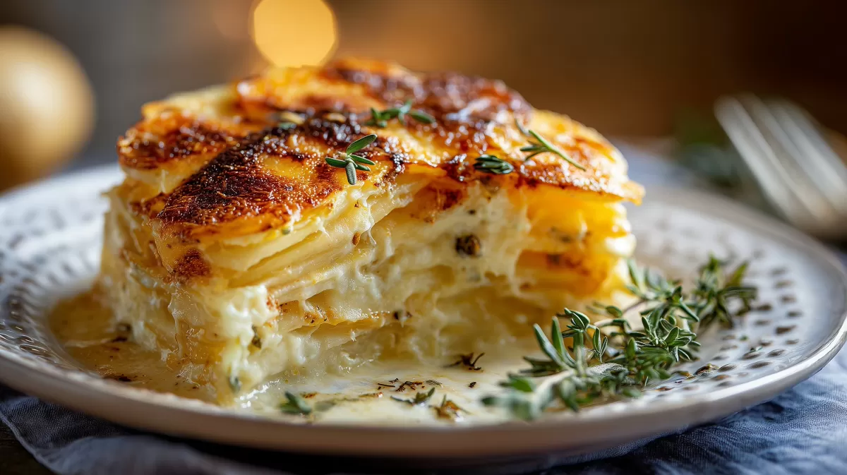 Kartoffelgratin Dauphinois mit Thymian auf Teller