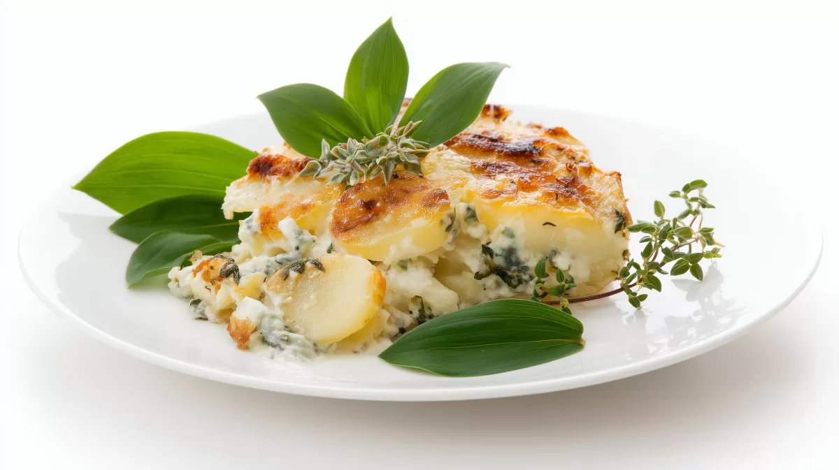 Kartoffelgratin mit frischem Bärlauch auf Teller