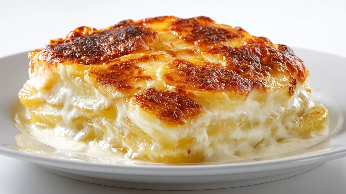 Kartoffelgratin mit goldener Käsekruste auf Teller