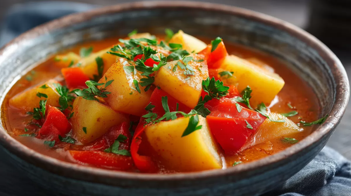 Kartoffelgulasch mit Paprika in rustikaler Schüssel