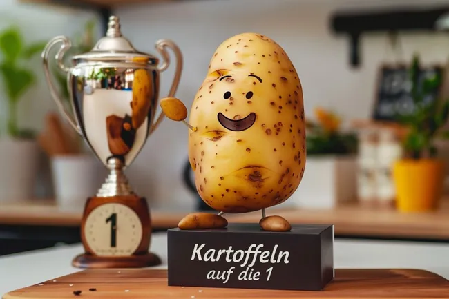 Kartoffelmännchen mit Siegerpokal - Lustiges Stockfoto