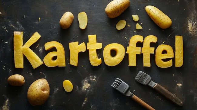 Kartoffeln als Textlogo vor dunklem Hintergrund