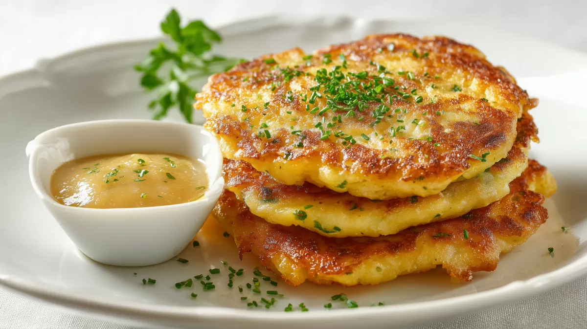 Kartoffelpuffer mit Apfelmus auf weißem Teller