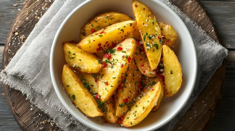 Kartoffelspalten mit Gewürzen in weißer Schale serviert