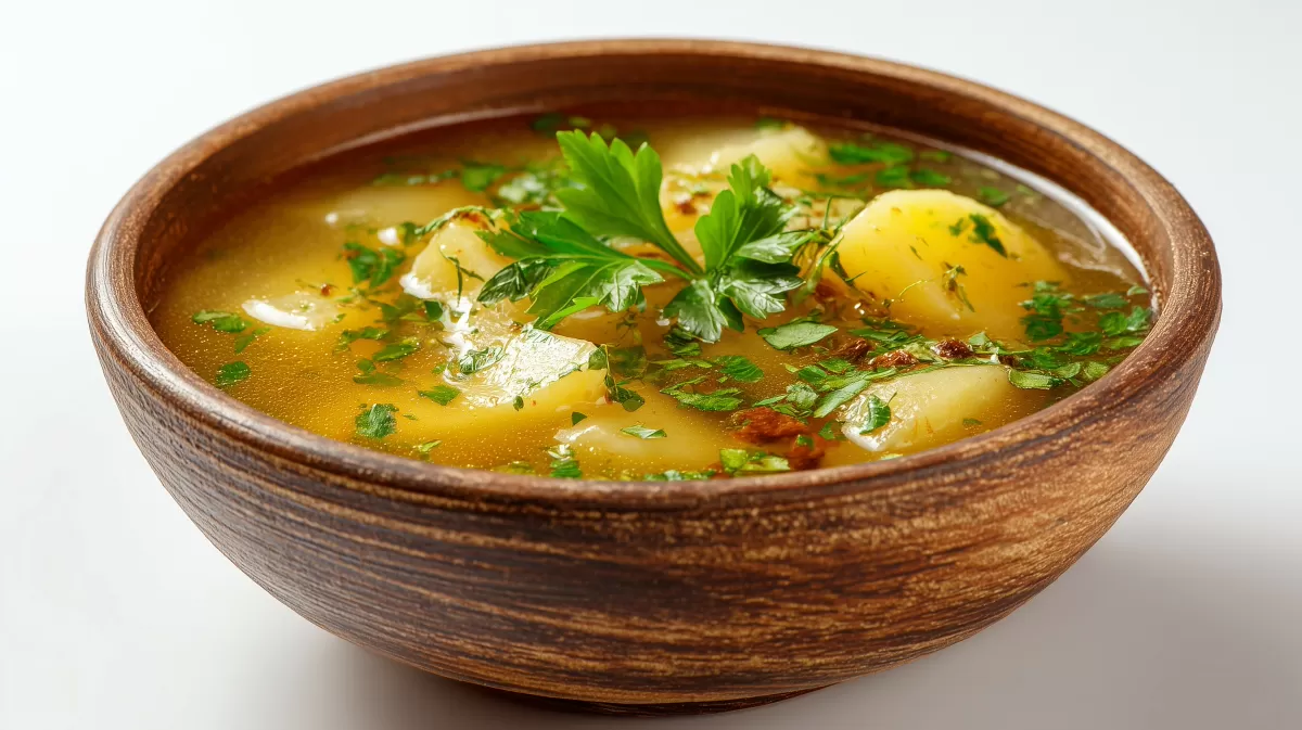 Kartoffelsuppe mit Petersilie in Holzschüssel