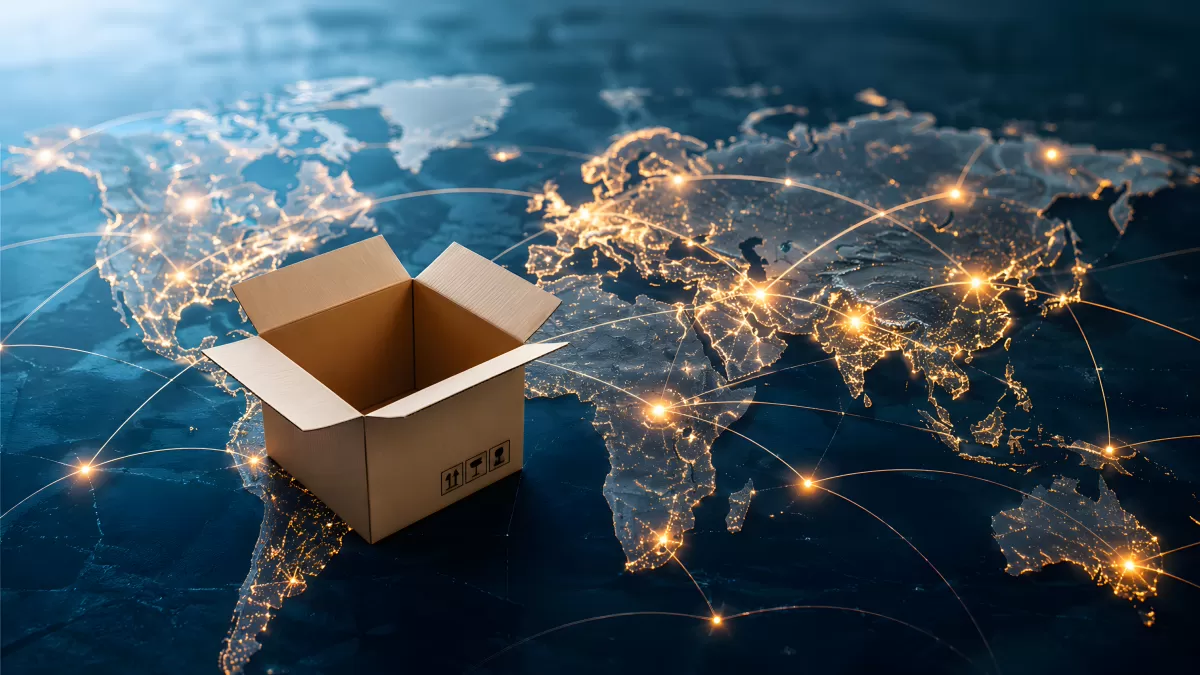 Kartonbox auf beleuchtetem Weltkarte-Netzwerk