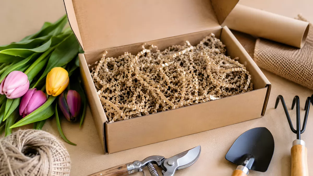 Kartonbox mit Füllmaterial und Gartentools auf Tisch