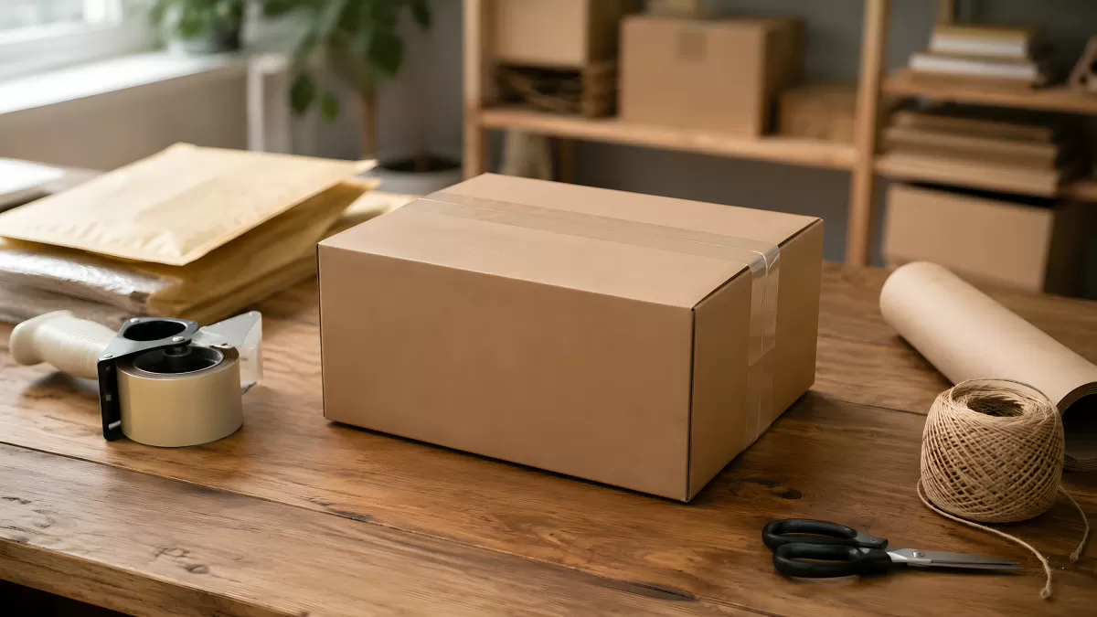 Kartonpaket auf Holztisch mit Verpackungsmaterial