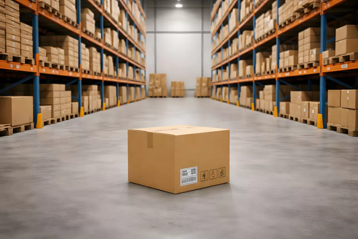 Kartonpaket in einem modernen Lagerhaus