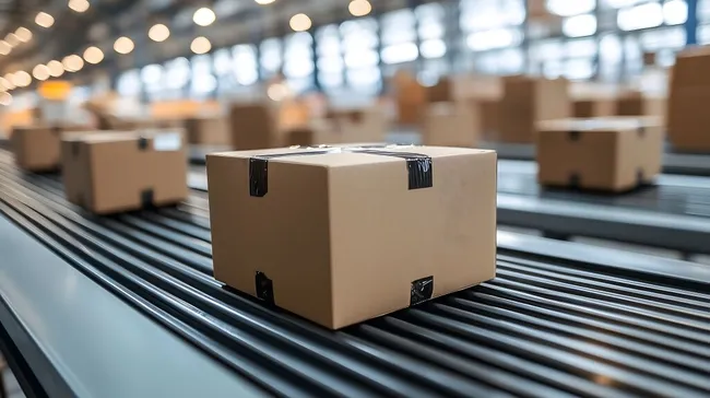 Kartons auf Förderband im modernen Logistiklager