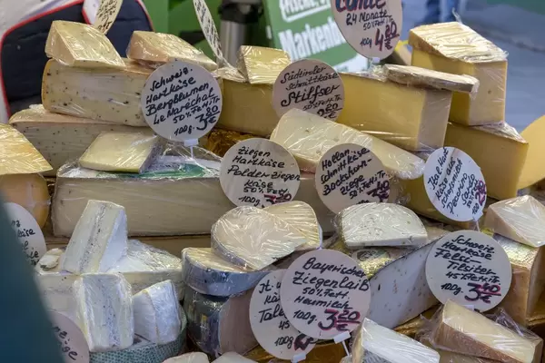 Käsetheke mit Hart- und Weichkäse aus der Schweiz, Italien, Holland und Deutschland