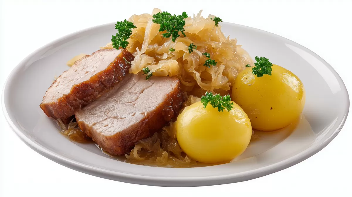 Kasseler mit Sauerkraut und Salzkartoffeln auf Teller