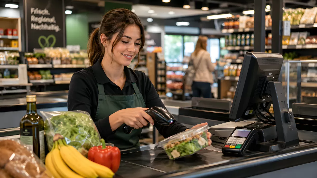 Kassiererin scannt Produkte an Supermarktkasse
