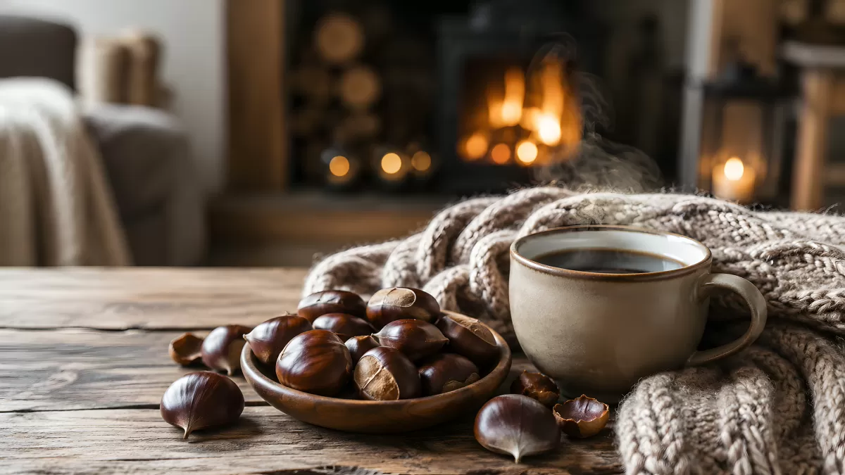 Kastanien und Kaffee am Kamin im Winter