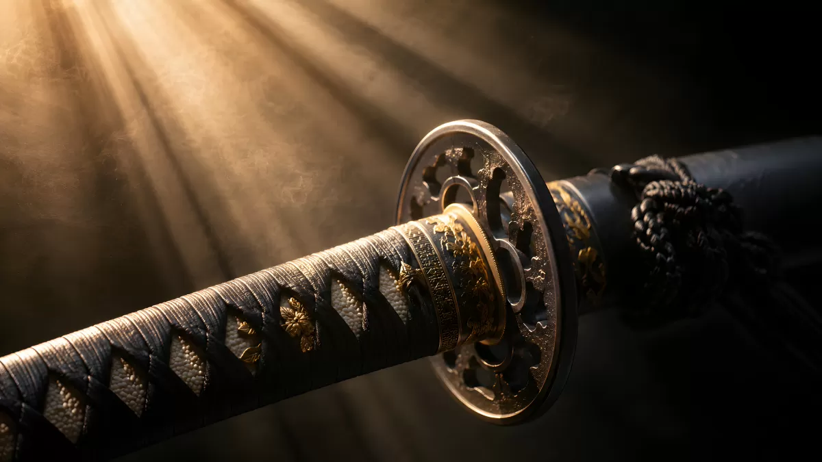 Katana-Tsuba mit goldenen Verzierungen im Gegenlicht
