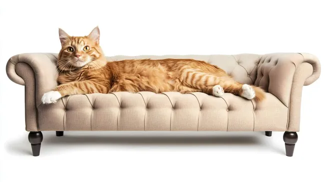 Katze auf cremefarbener Chesterfield-Couch