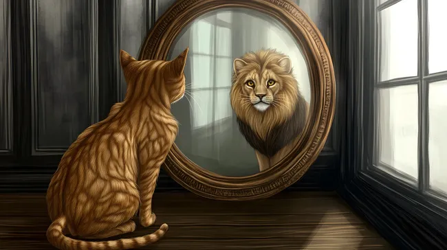 Katze betrachtet ihr Spiegelbild als Löwe