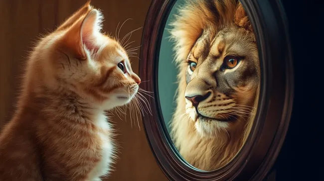 Katze betrachtet sich selbst als Löwe im Spiegel