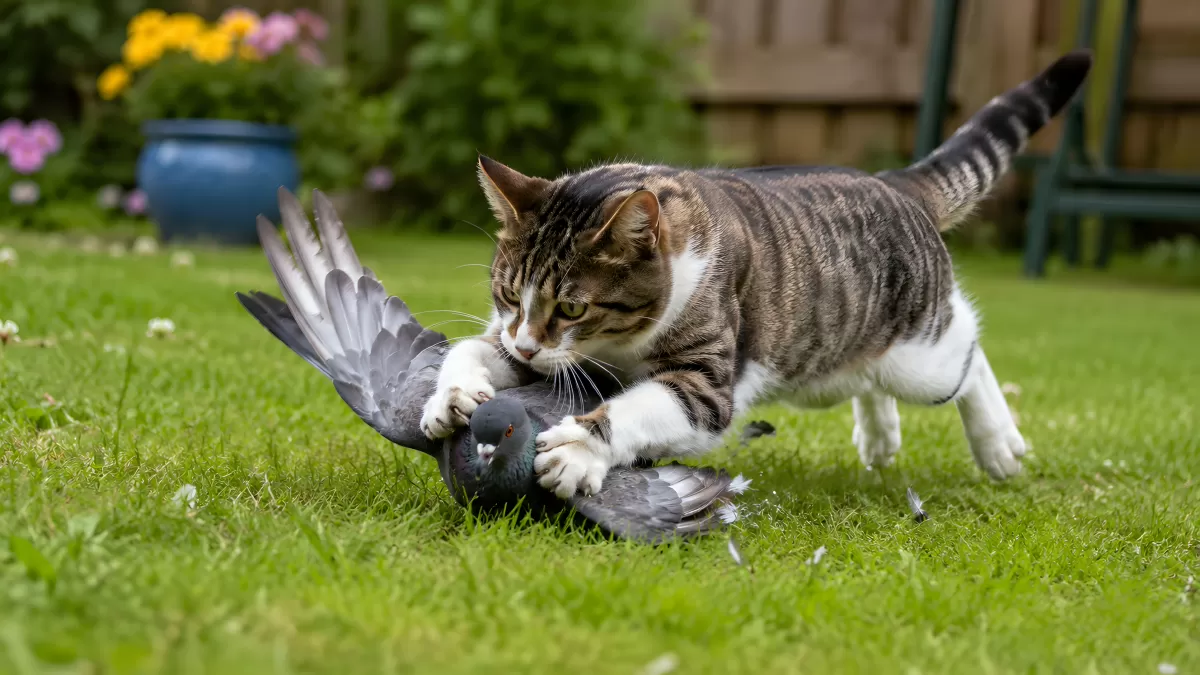 Katze fängt Taube im Garten – Jagdinstinkt