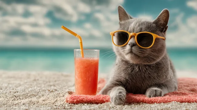 Katze im Strandurlaub mit Cocktail und Sonnenbrille