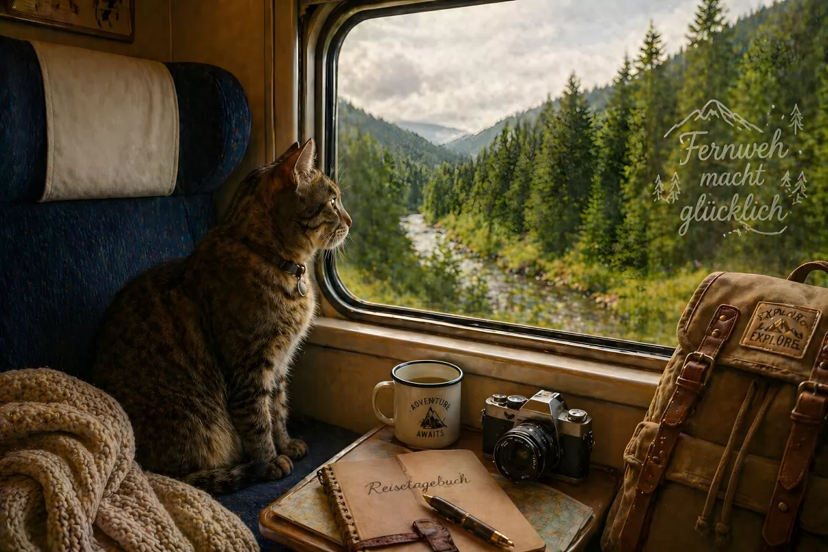 Katze im Zug blickt auf Berglandschaft mit Fluss