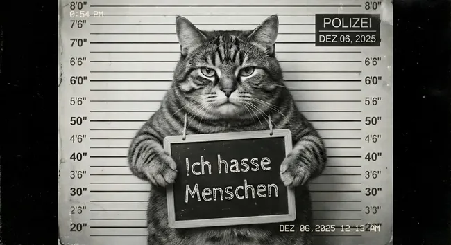 Katze in Polizeifotostudio zeigt Schilder mit Aufschrift 'Ich hasse Menschen'