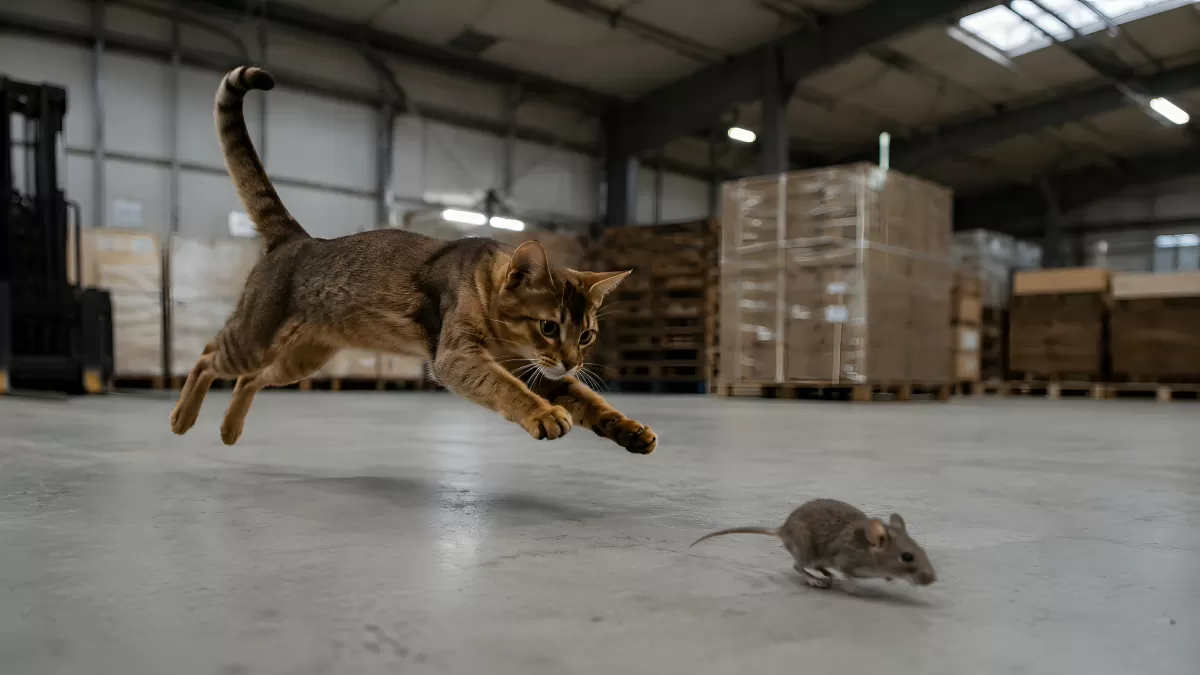 Katze jagt Maus in einer großen Lagerhalle