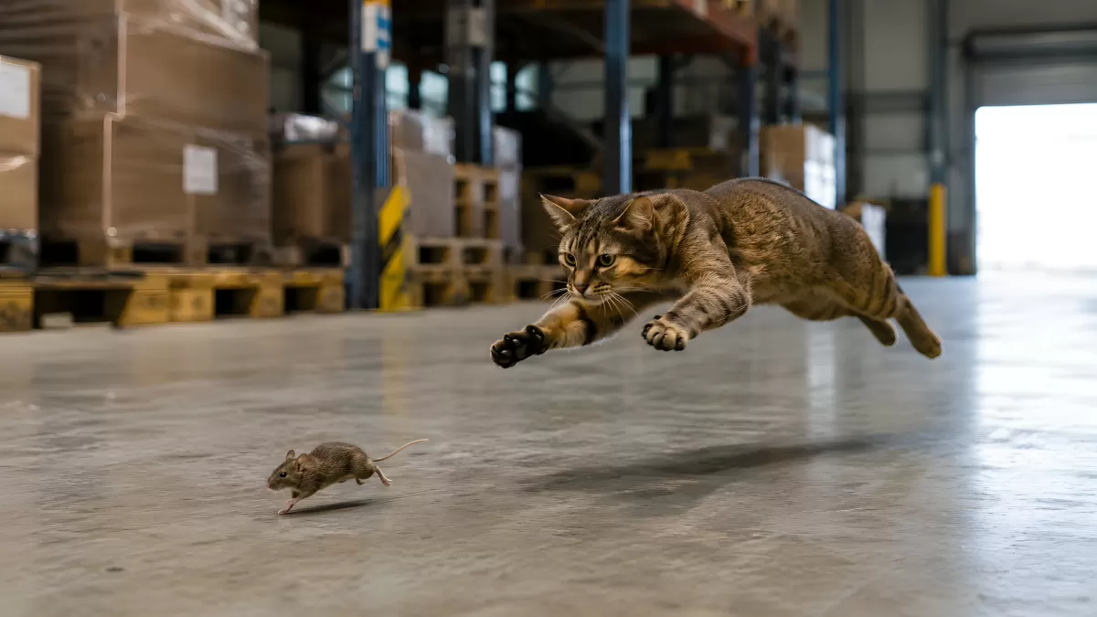 Katze jagt Maus in einer Lagerhalle