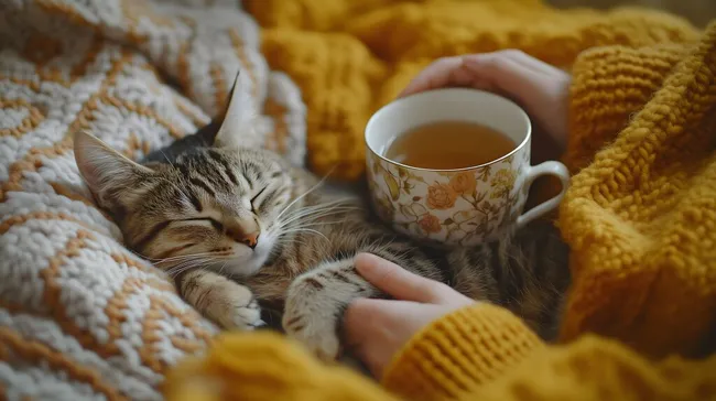 Katze kuschelt friedlich mit Teetasse auf gemütlicher Decke