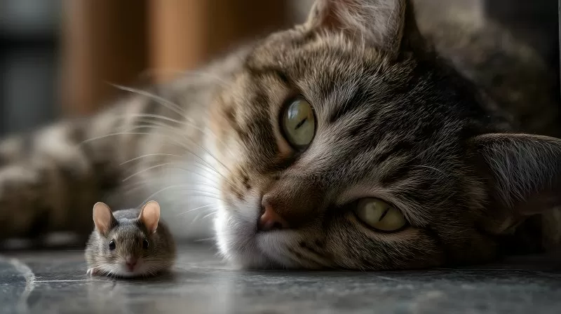 Katze liegt auf Fliesen neben Maus