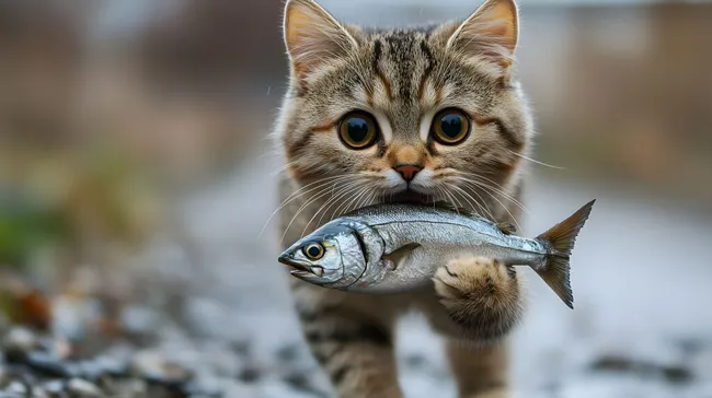 Katze mit Fisch im Maul - kostenloses Stockfoto