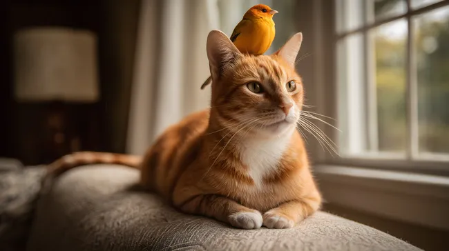 Katze mit goldfarbener Kanarienvogel im Fensterrahmen