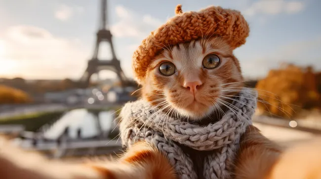 Katze mit Mütze und Schal vor Eiffelturm in Paris