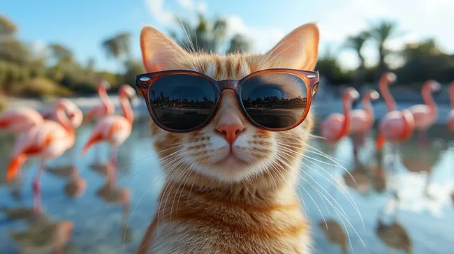 Katze mit Sonnenbrille vor Flamingos