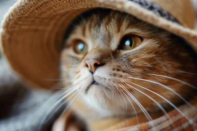 Katze mit Strohhut versteckt sich