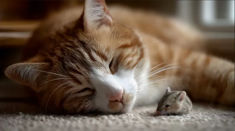 Katze schläft neben lebender Maus auf Teppich