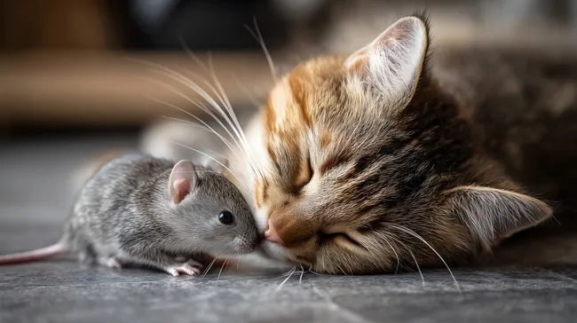 Katze schmuggelt Maus auf Fliesen