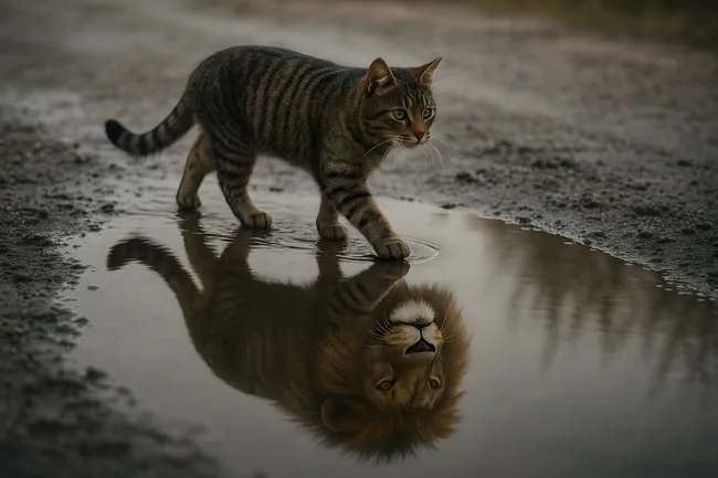 Katze spiegelt sich in Pfütze mit Löwenaugen