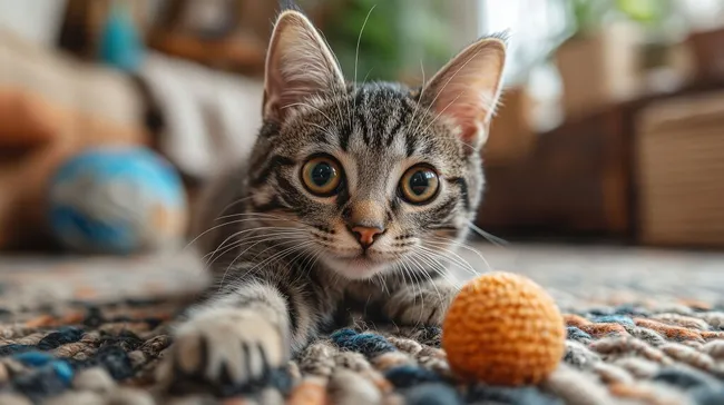 Katze spielt mit nachhaltigem Spielzeug auf gemustertem Teppich