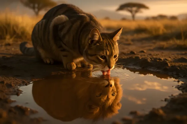 Katze trinkt aus Wasserstelle bei Sonnenuntergang in Savanne