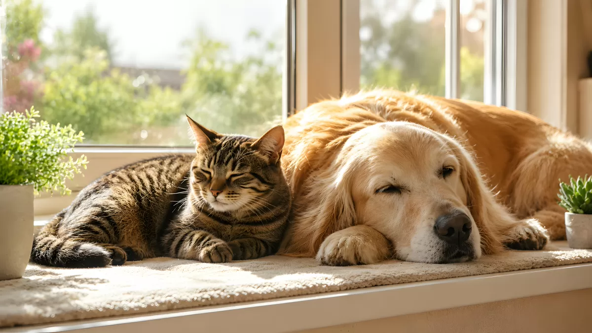 Katze und Golden Retriever dösen gemeinsam am Fenster