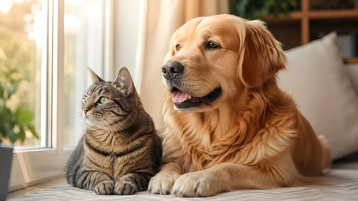 Katze und Golden Retriever sitzen gemeinsam am Fenster