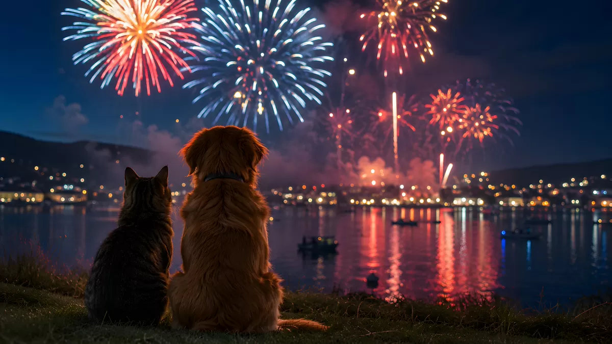 Katze und Hund beobachten gemeinsam ein Feuerwerk