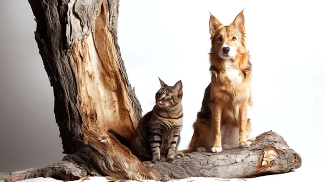 Katze und Hund sitzen auf Baumstamm im Studio