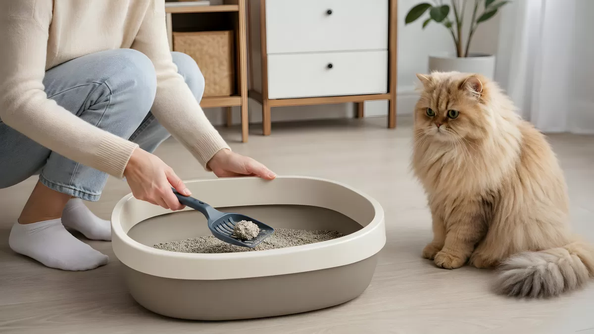 Katzenbesitzerin reinigt Katzenklo mit Schaufel