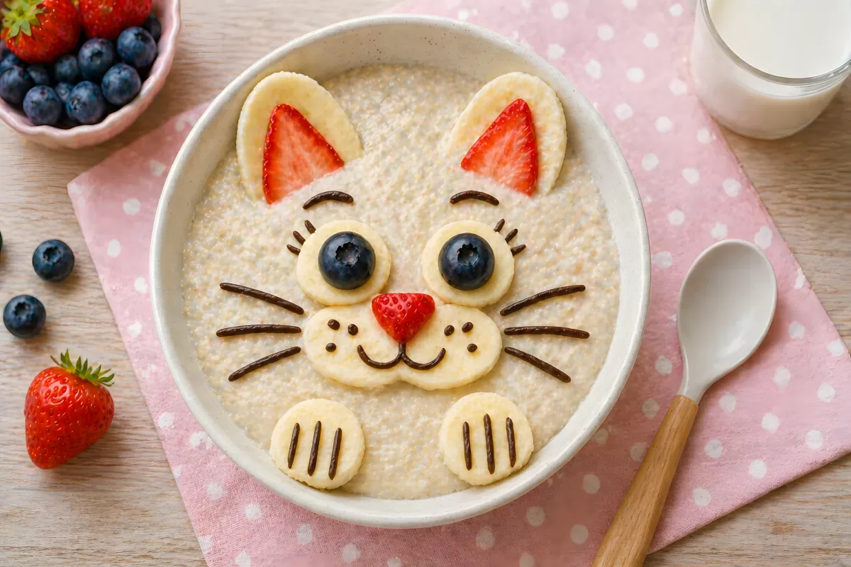 Katzenmotiv aus Früchten in Haferbrei-Schüssel